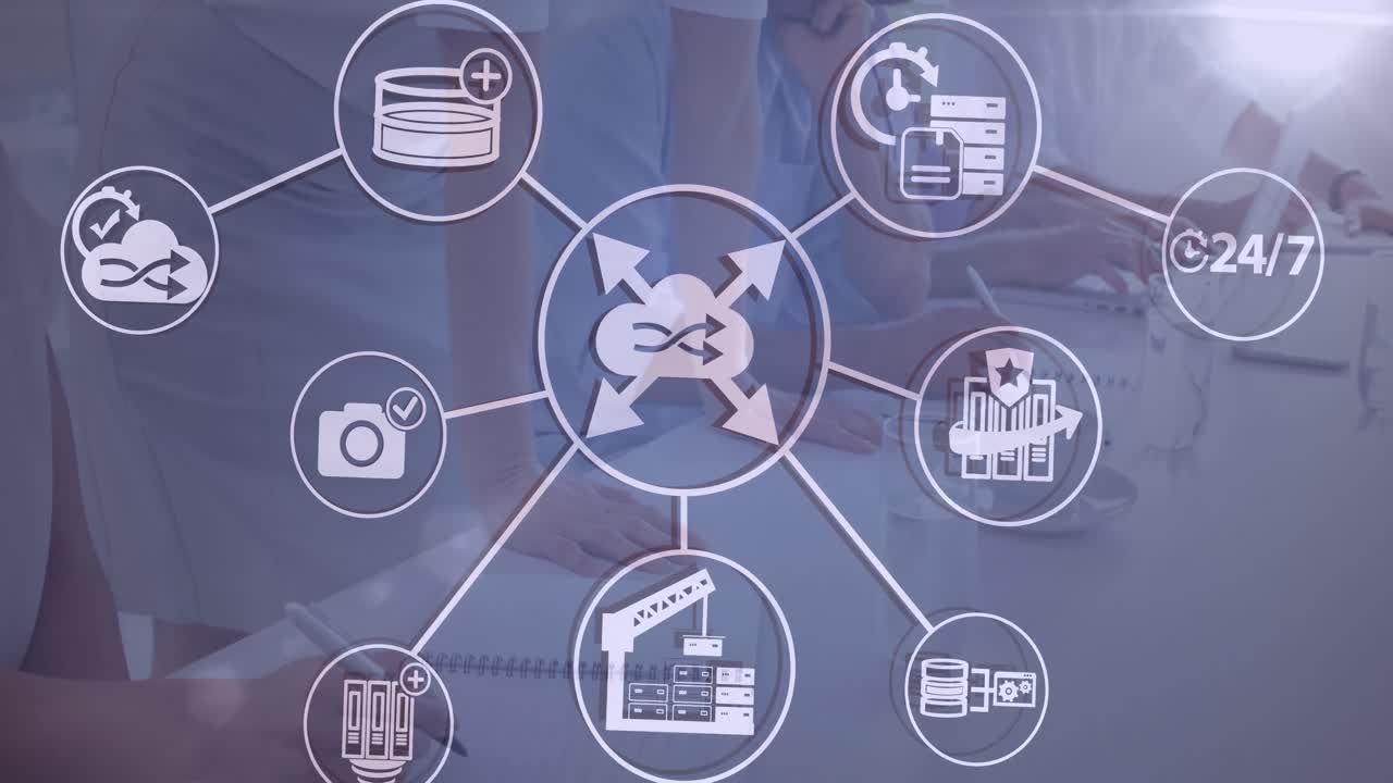 사무실에서 일하는 동료들의 중간 부분에 디지털 아이콘 네트워크의 애니메이션