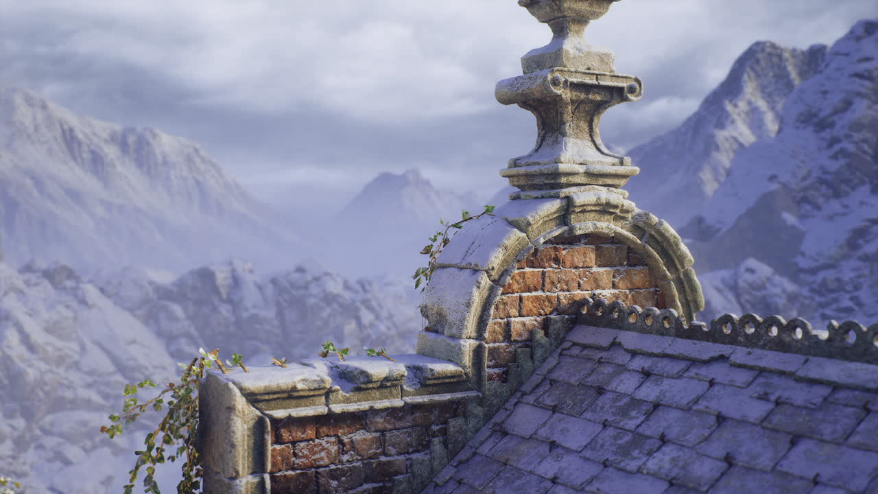 Explore ancient rooftop architecture amidst majestic mountain scenery