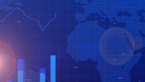 animation of financial data processing over world map on blue background