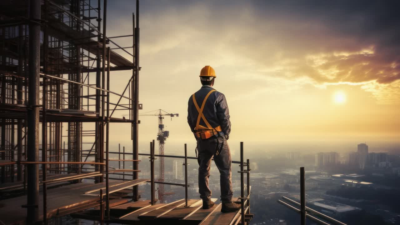 Silhouetted construction worker on scaffolding at sunset, captured from a low angle
