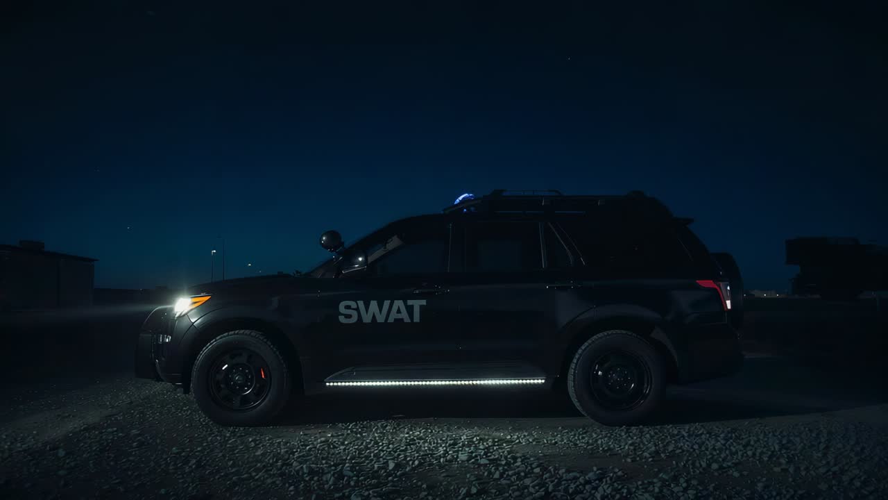 SUV da SWAT pulsante com luz estroboscópica no teto piscando enquanto o farol e a faixa de LED estão acesos à noite em cascalho