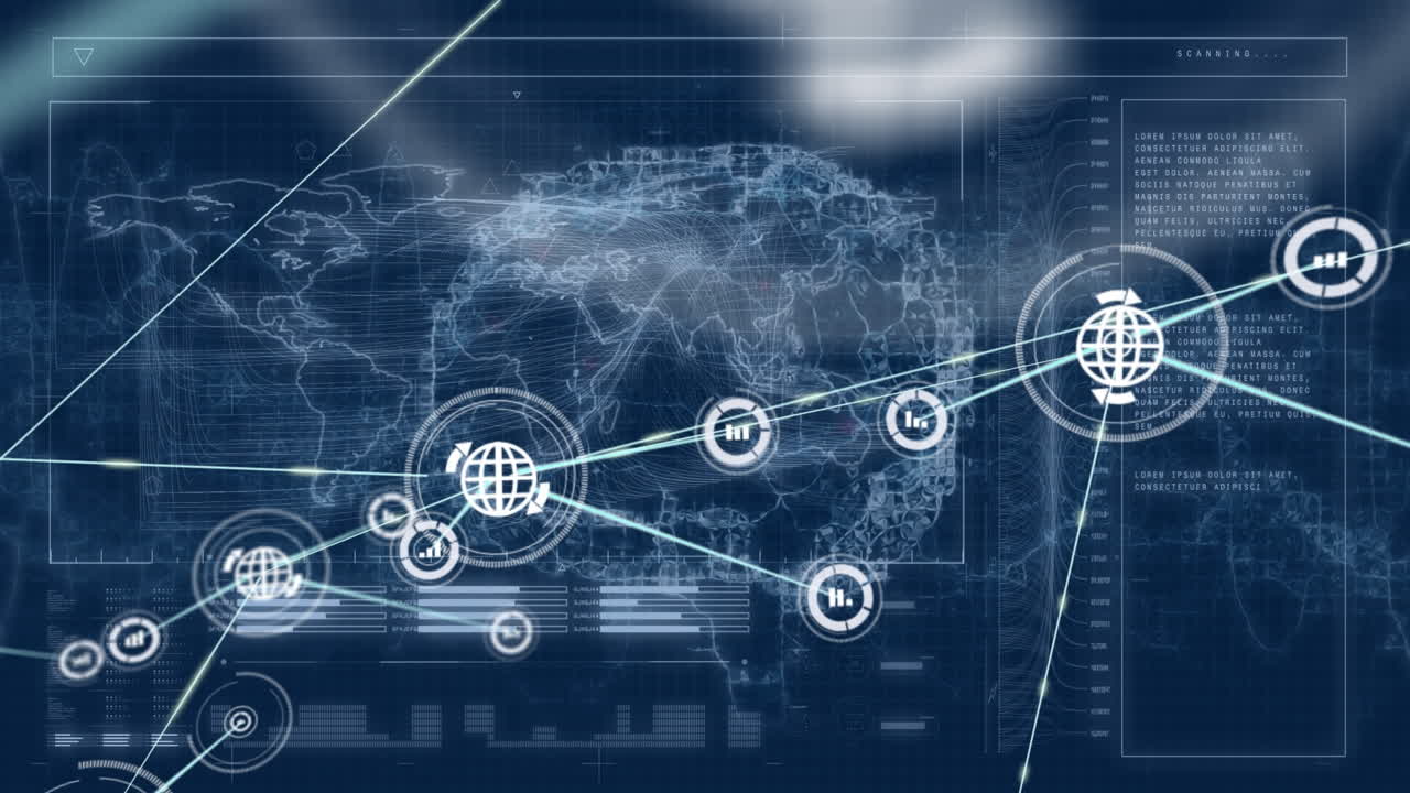 Animation of globe icon network connecting with lines against world map and human brain