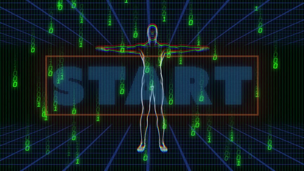 Silhouette appearing then rotating while binary digits falling around START text showing activation