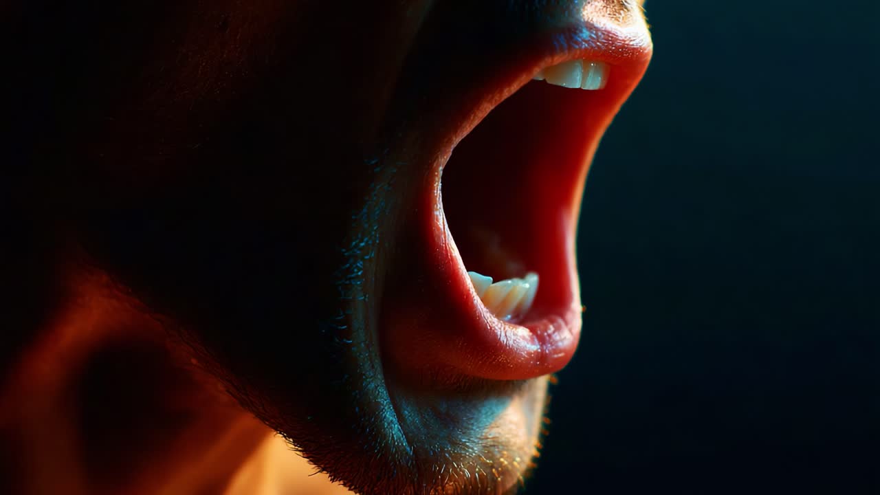A Powerful Emotional Expression Captured Through a Dramatic Close-Up of a Person's Face, Moving from a Gripping Shout to a Subdued, Contemplative Silence in Full Detail