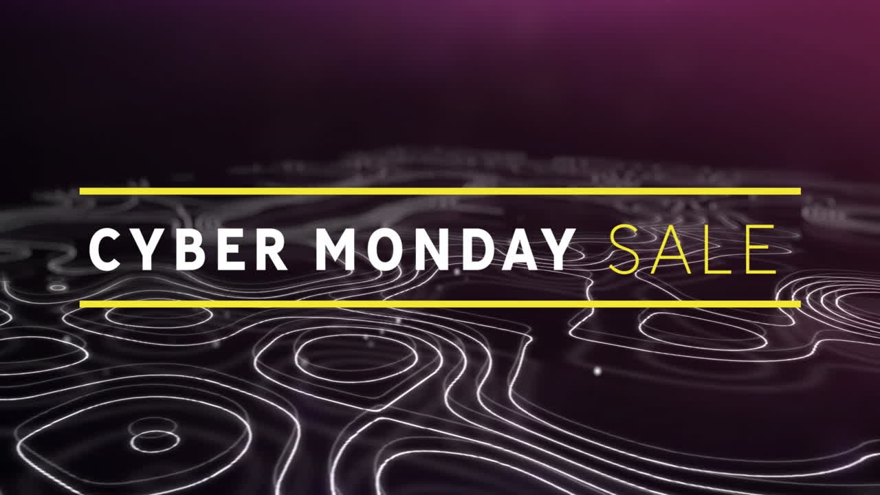 Animation of cyber monday sale text banner and topography against purple background