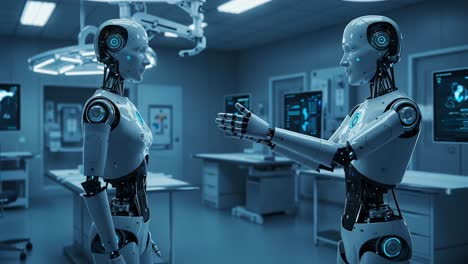 two advanced humanoid robots engaged in a conversation in a futuristic surgical environment with high-tech displays and medical equipment around them