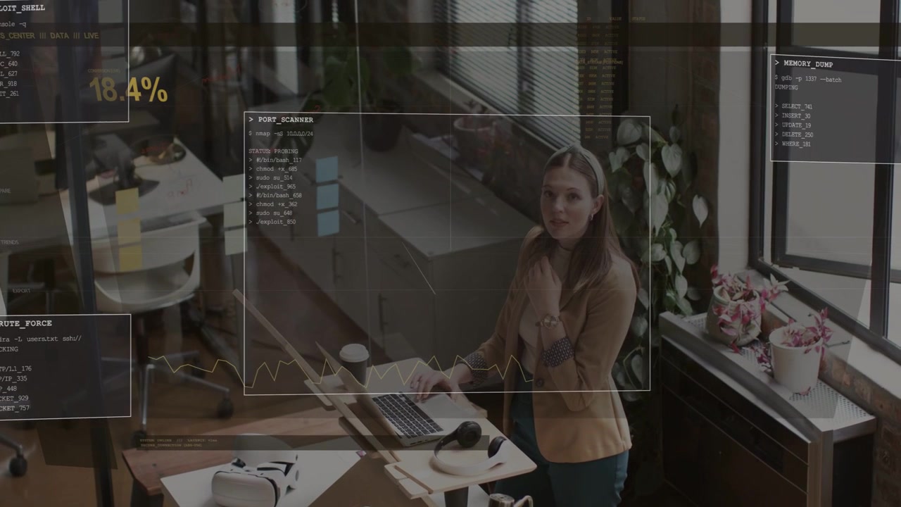 Woman at standing desk pausing as floating HUD panels appearing, studying business metrics to act
