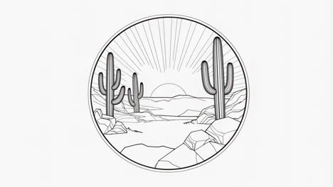 line art illustration of a desert landscape with cacti and a sun