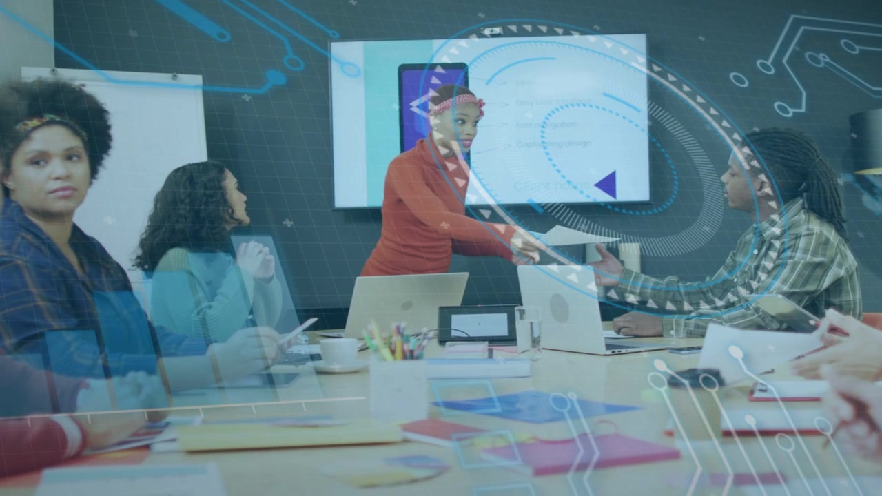 Vertical video: Presenter tapping slide, handing docs in business meeting, creating HUD for review