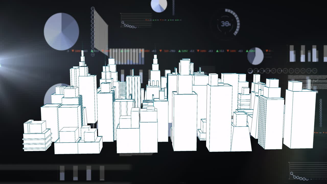 3D wireframe city grid floating over dark HUD display, showing pie charts and bar graphs