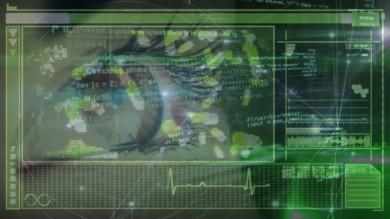 animación de pantalla digital con datos, píldoras y escaneo ocular de mujer caucásica