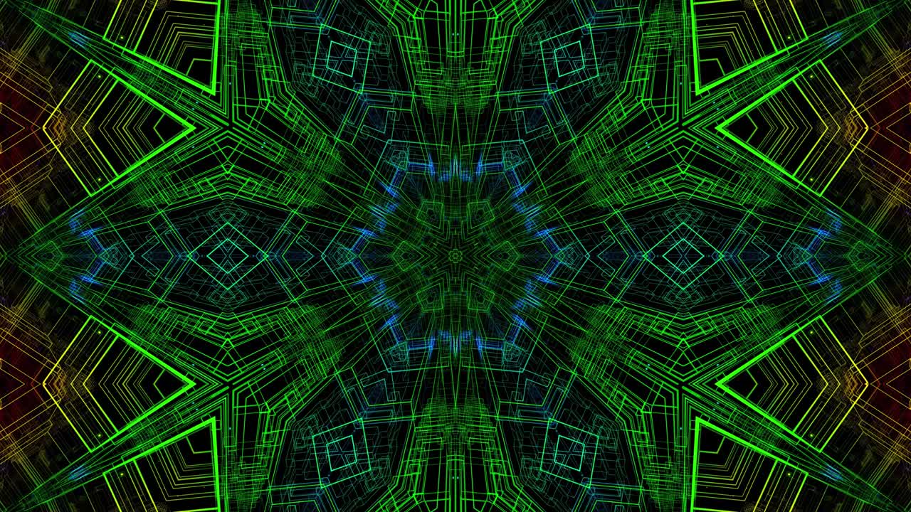 bg brillante con brillo de neón. fondo de luces de neón de bucle 3d vj. líneas de brillo estructura simétrica de kaleidoscopio. bg moderno con estructura de cuadrícula.