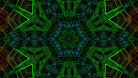 bg brillante con brillo de neón. fondo de luces de neón de bucle 3d vj. líneas de brillo estructura simétrica de kaleidoscopio. bg moderno con estructura de cuadrícula.