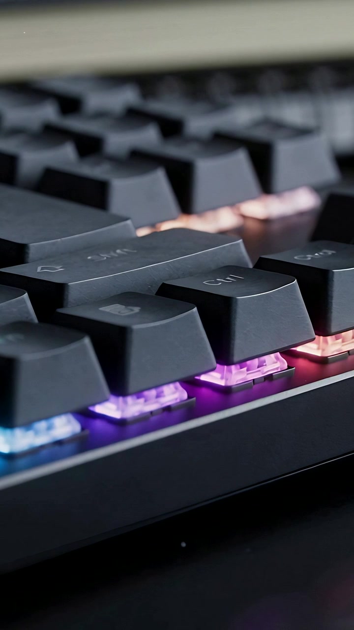 Vertikal video: LED'er tændes, kamera panorerer over RGB-tastatur på skrivebord, gennemsigtige kontakter viser farver