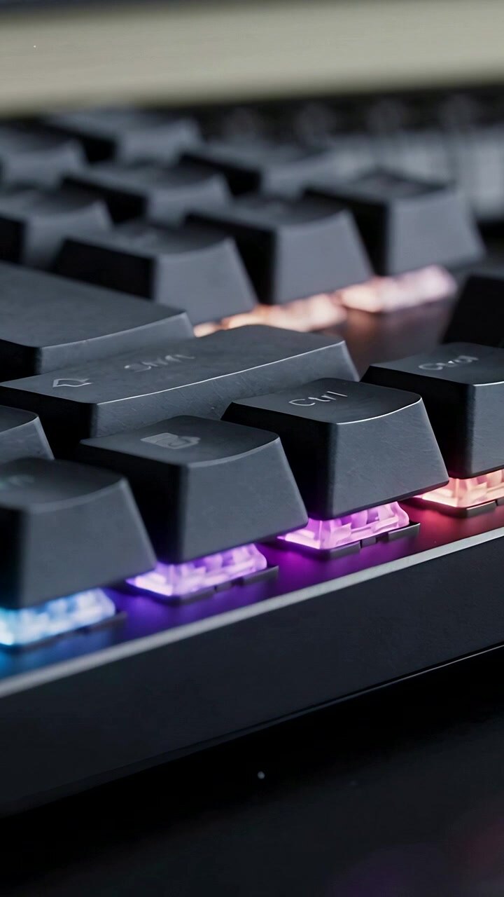 Vertical video: LEDs starting camera panning over RGB keyboard on desk, clear switches showing hues