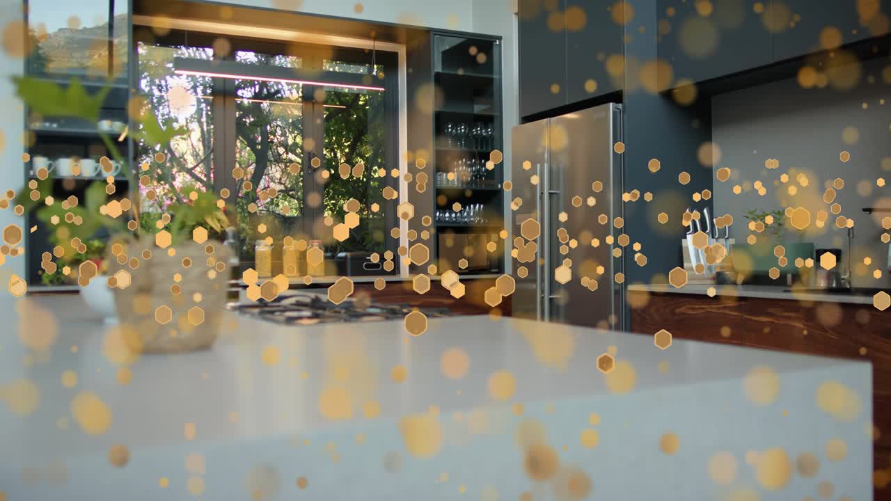 Animated overlay starting, kitchen showing gold hexes moving toward camera right, decorating mood