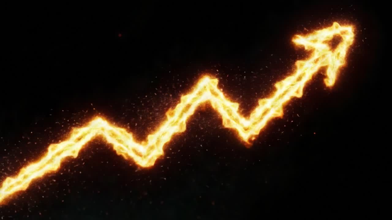 An Energetic Ascend: Dynamic Flames Illustrating a Rising Trend with Vibrant Sparks and Fiery Patterns Against a Dark Background