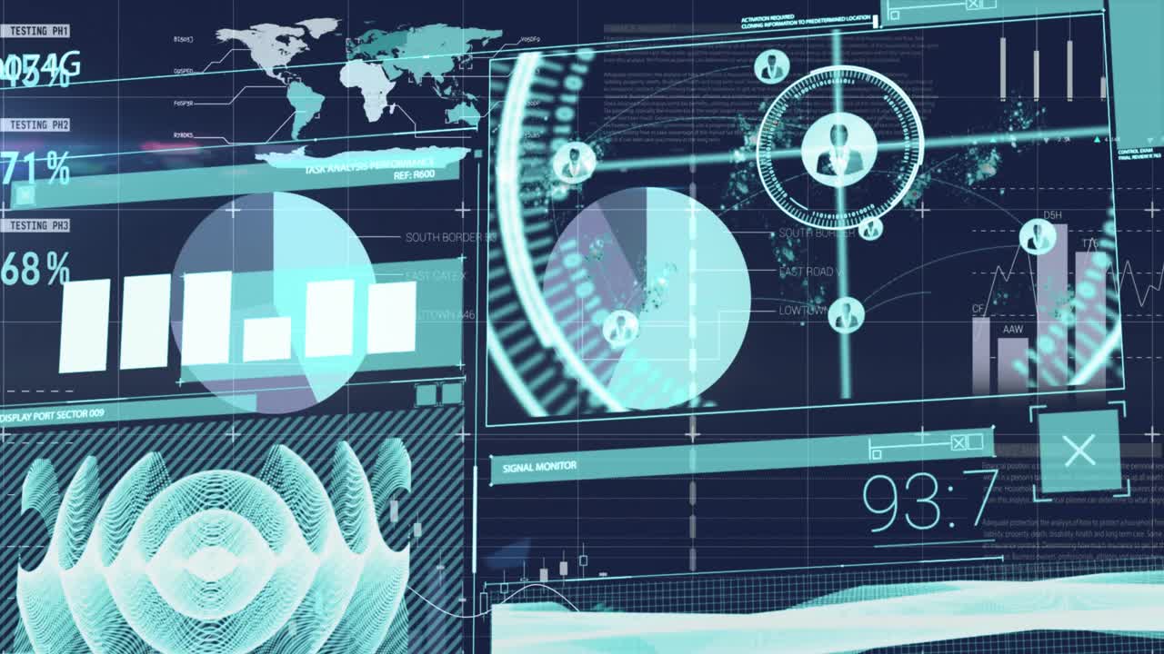 추상적인 배경에 대한 인포그래픽 인터페이스를 통해 그래프, 프로필 아이콘 및 숫자의 애니메이션