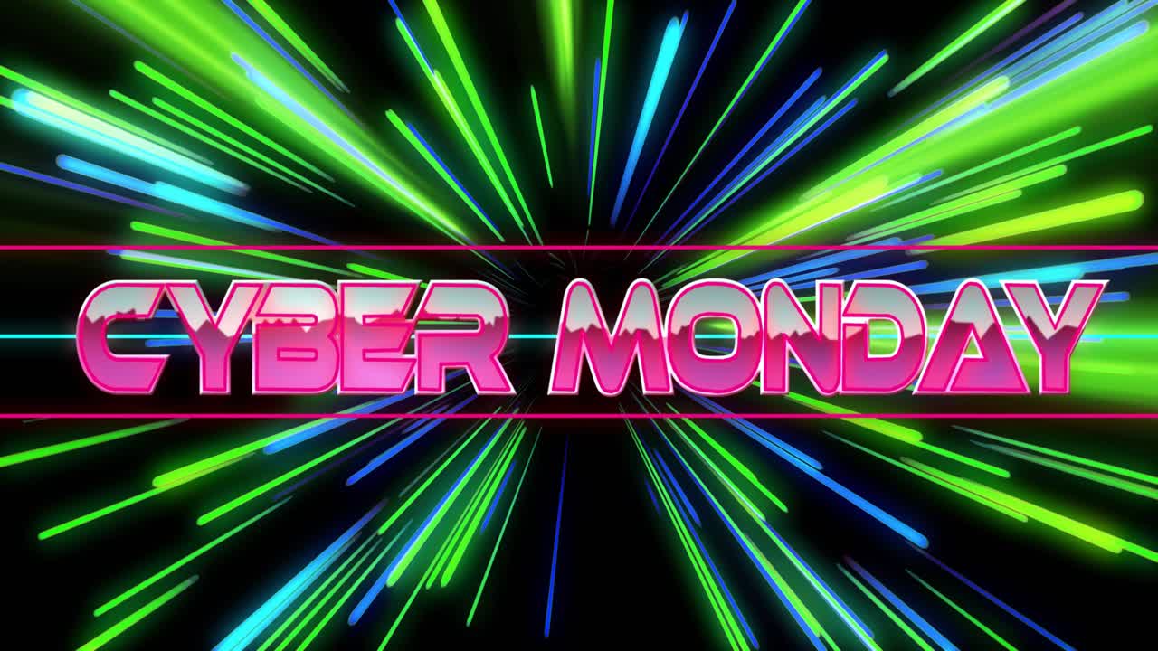 Animation of cyber monday text over neon pattern background