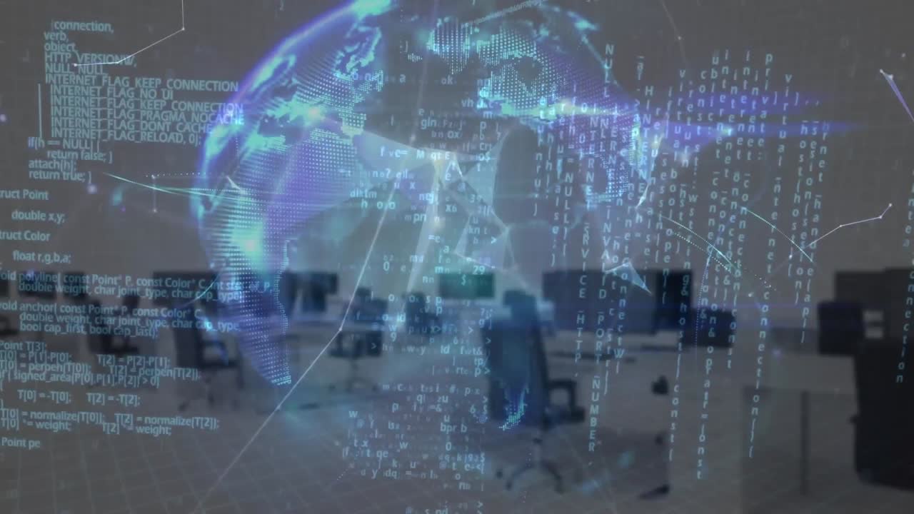 세계를 형성하는 플렉서스 네트워크의 애니메이션과 빈 사무실에 대한 데이터 처리