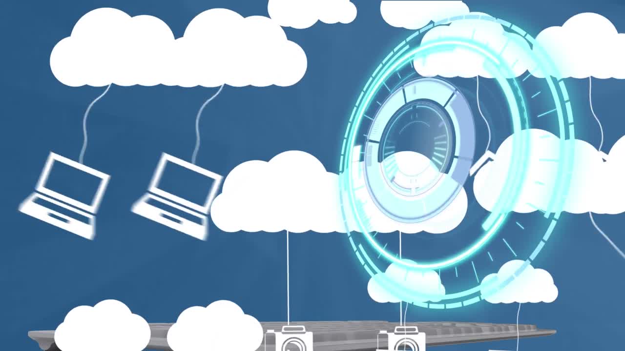 animación de escaneo de alcance y nubes digitales con dispositivos electrónicos