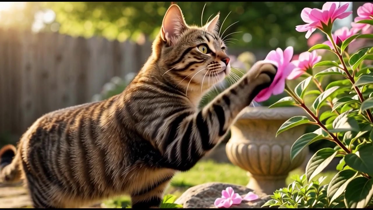 Gatto soriano che cammina e gioca con fiori rosa in un giardino.