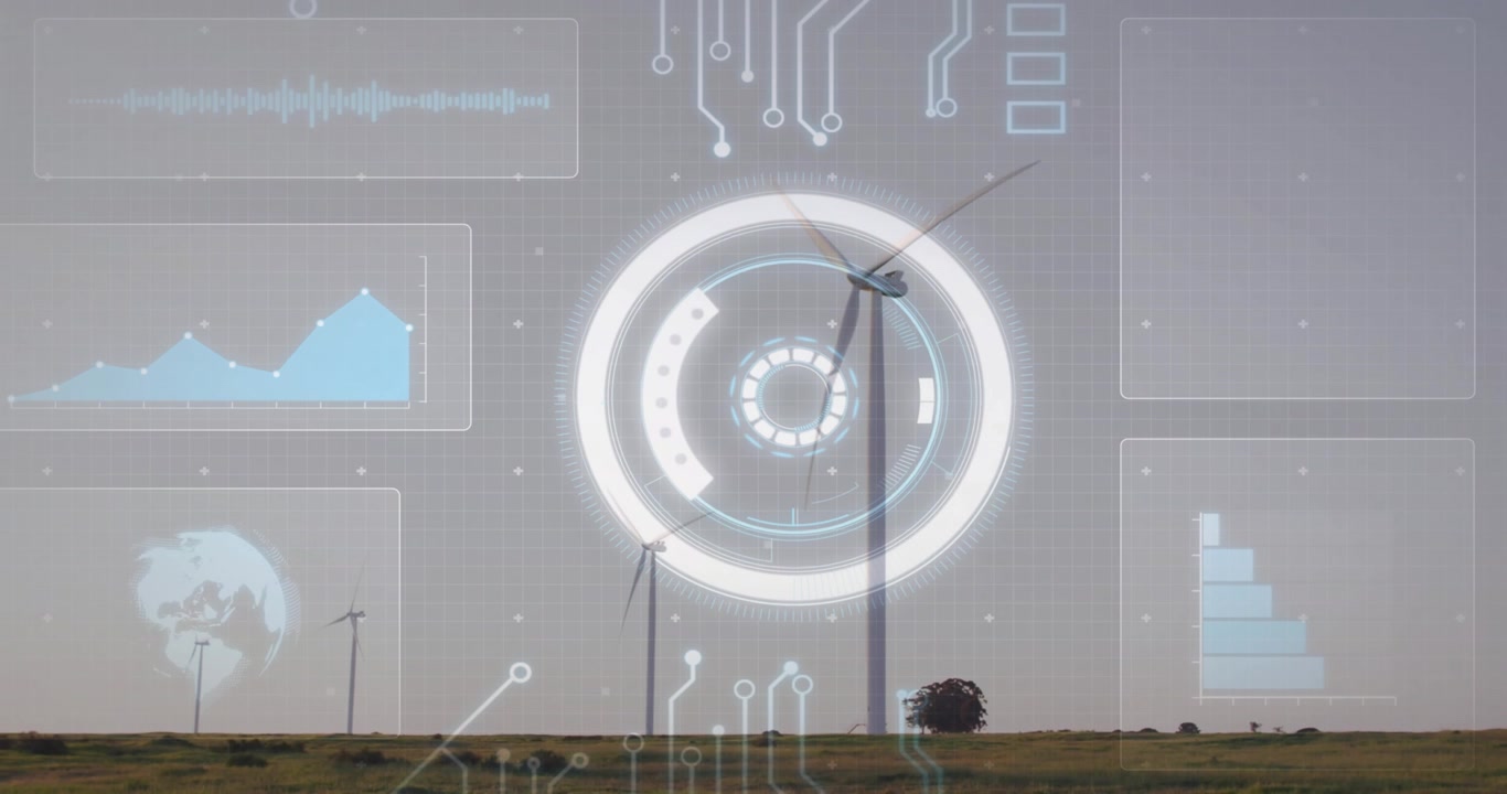 All'avvio dell'interfaccia, la turbina eolica principale ruota in senso orario mentre i pannelli HUD mostrano i parametri di potenza.