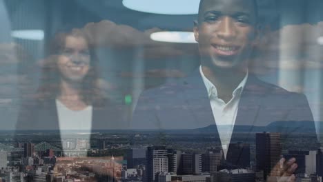 animation of diverse business people over cityscape