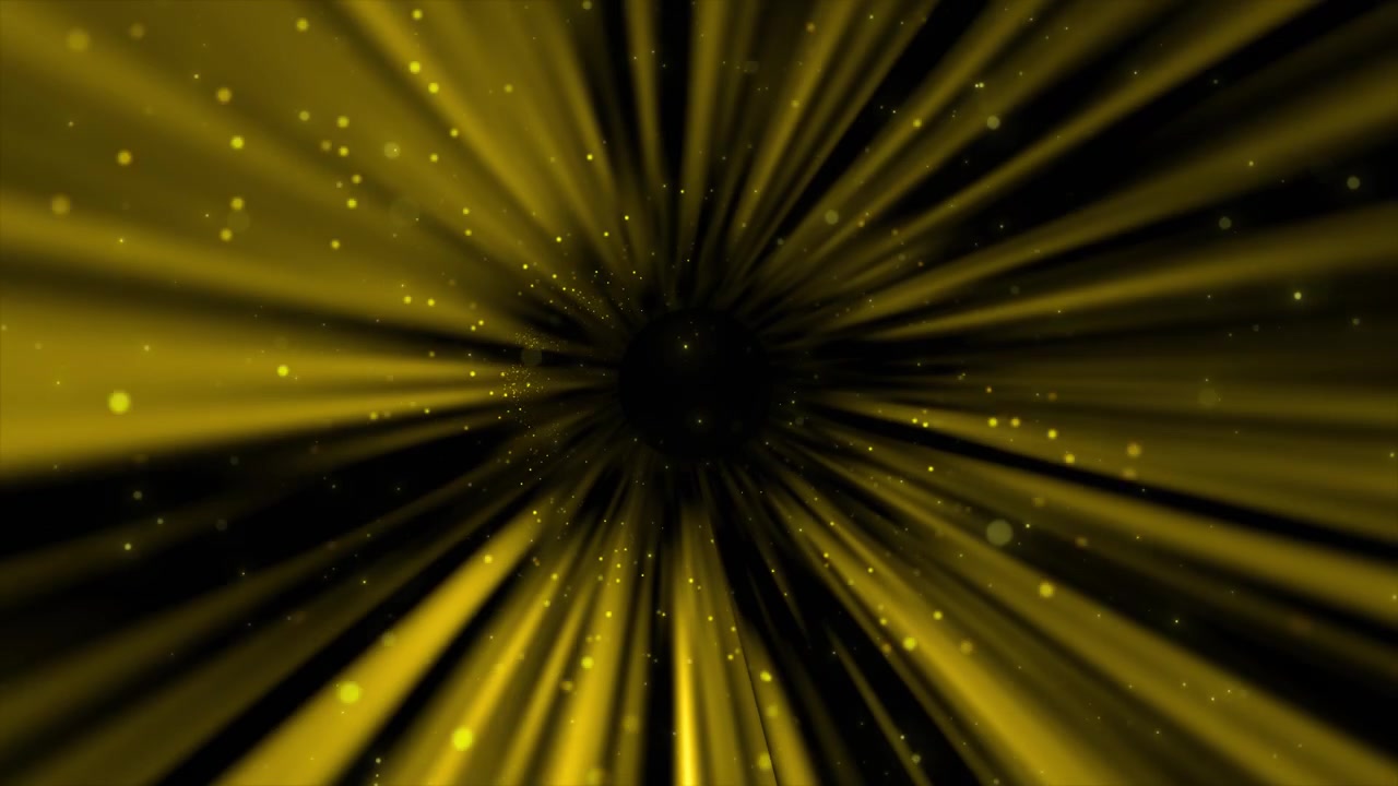 Cinematic golden rays motion visual with bright light beams floating particles black center and