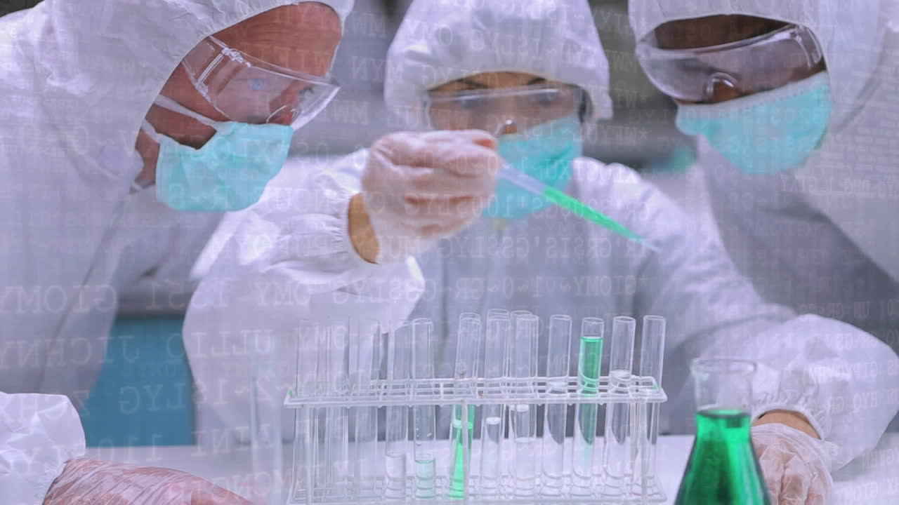 화학 실험을 수행하는 화학자의 디지털 복합 사진