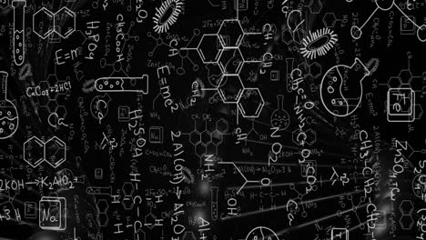 animation of mathematical and chemical equations over dna strand on black background