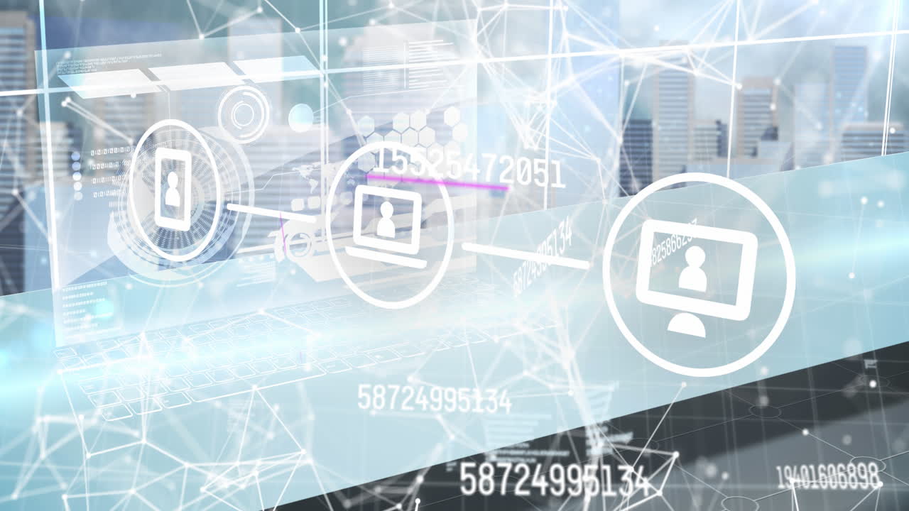 변화하는 숫자, 아이콘, 범위 스캐닝 및 도시 풍경에 대한 데이터 처리 애니메이션