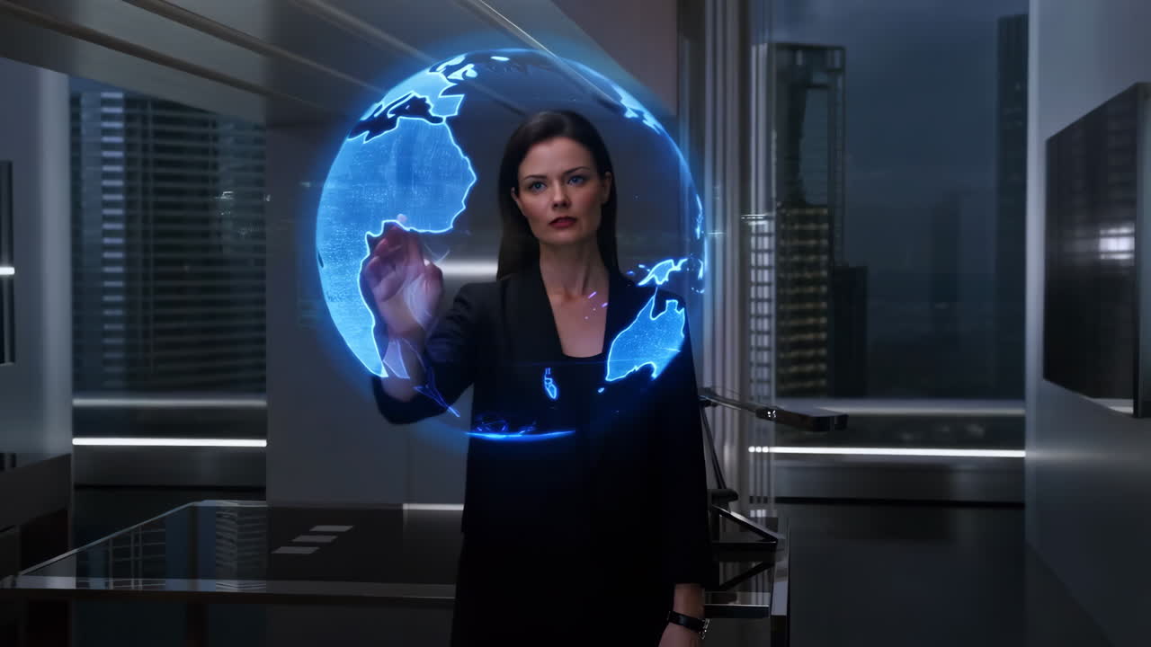 Woman Interacting with a Holographic Globe in a Modern Office