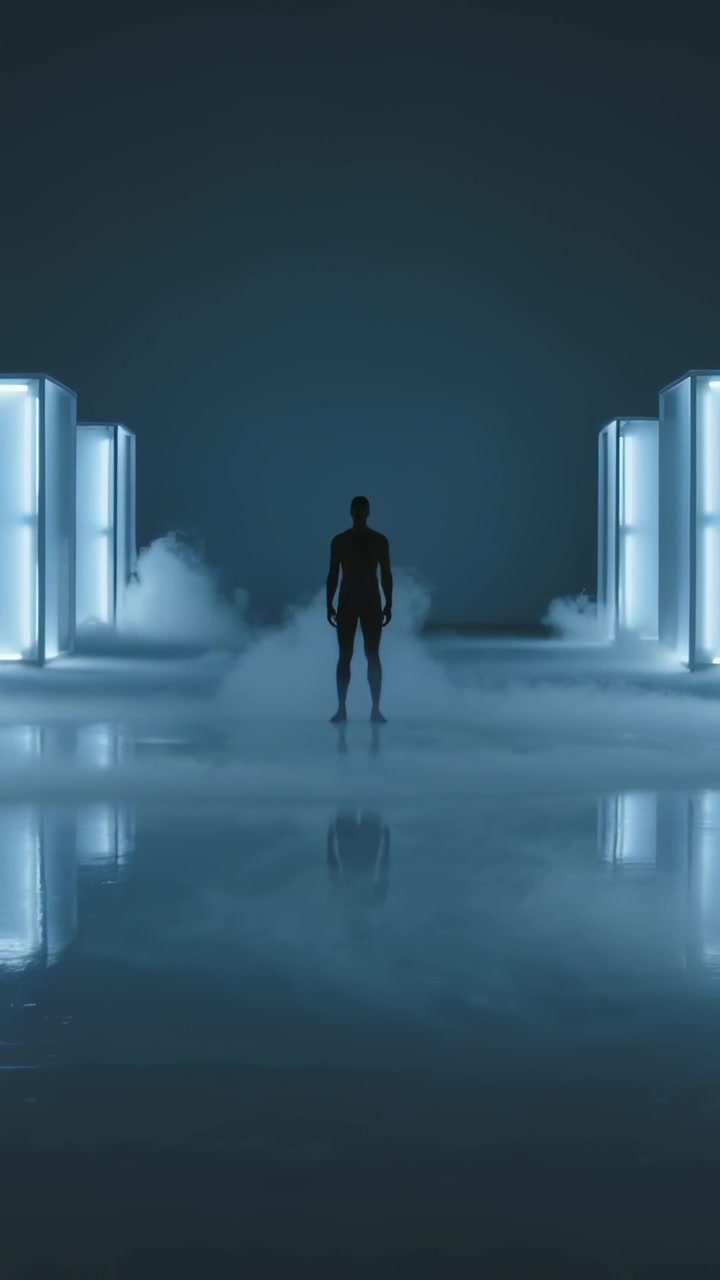 Vertical video: Haze rising, man in dark outfit posing on shiny floor with LED panels creating mood