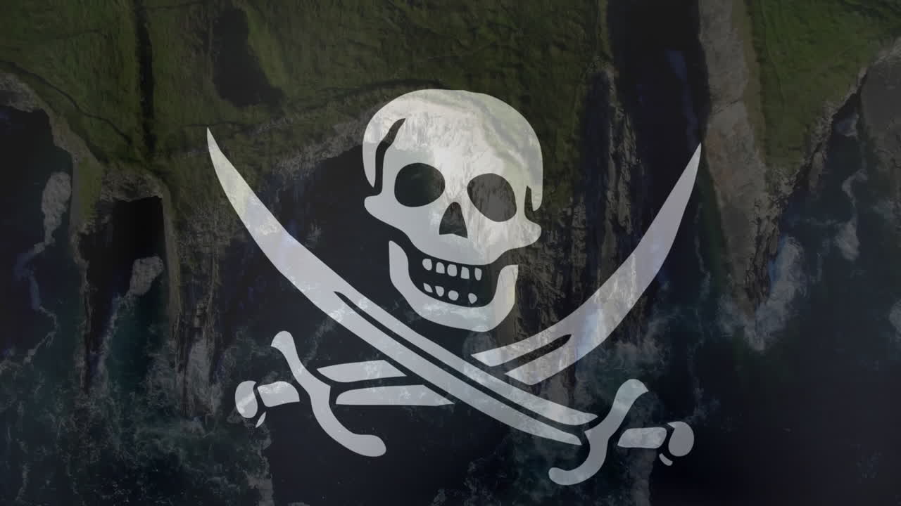 Animación de una bandera pirata ondeando en la costa y el mar