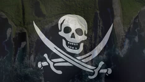 animation of pirate's flag waving over coast and sea