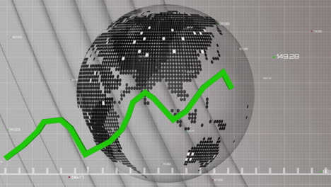 animation of statistical data processing and globe over grid network against white background