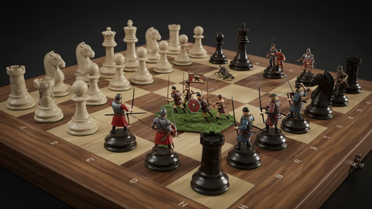 Epic Chess Battle: A Dynamic Medieval Chess Set with Detailed Figurines Engaged in Strategy on a Beautifully Crafted Board