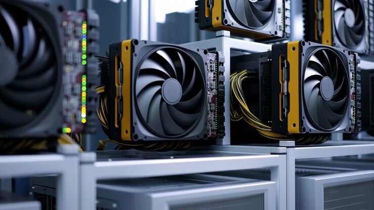 Rows of graphics cards and fan assemblies sit in open cases, showing repeating computer components, circuit details, and cool indoor illumination from close side perspective across hardware equipment.