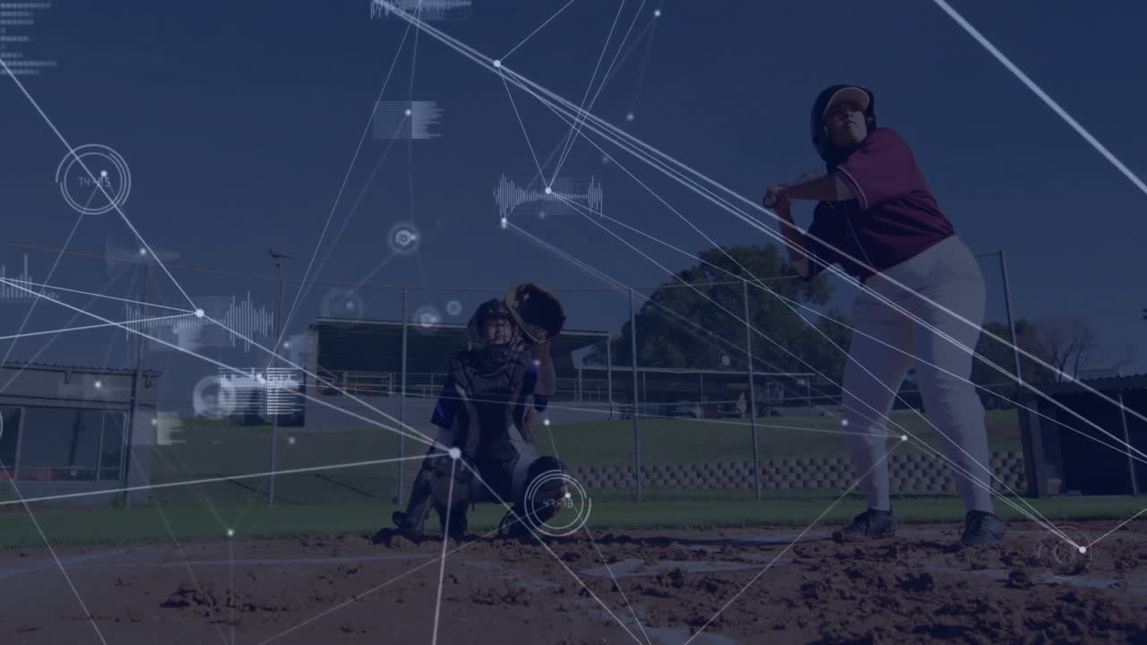 Baseball batter swinging at home plate, integrating animated HUD graphics for sports analytics