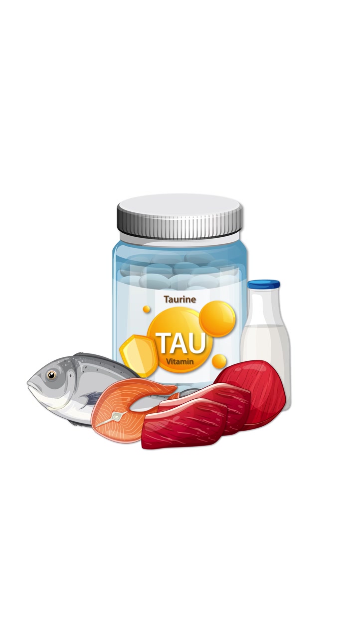 Botol vitamin secara bertahap dikelilingi oleh ikan, daging, susu, dan telur, menyoroti makanan kaya taurin.