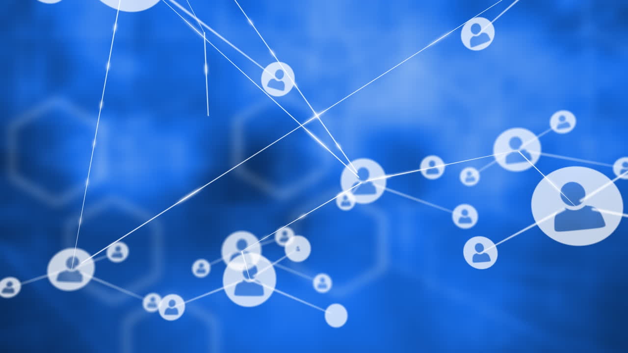 파란색 배경의 모양 위에 아이콘을 가진 연결 네트워크의 애니메이션