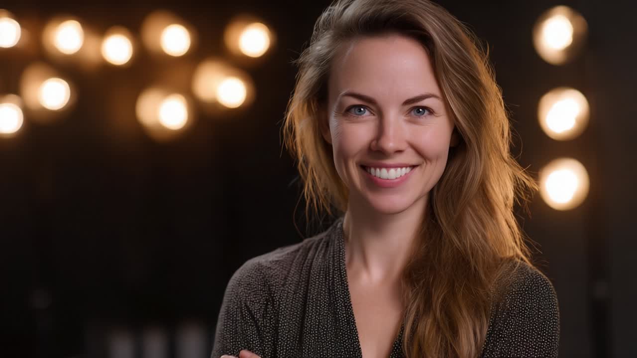 A joyful portrait capturing a woman with long, cascading hair, radiant smile, and confident demeanor, set against a backdrop of soft glowing lights, embodying warmth and positivity