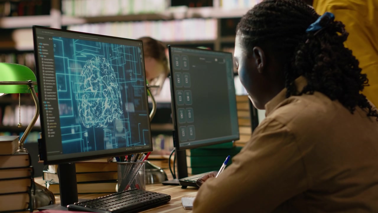 AI brain display filling desktop monitor in library study workspace