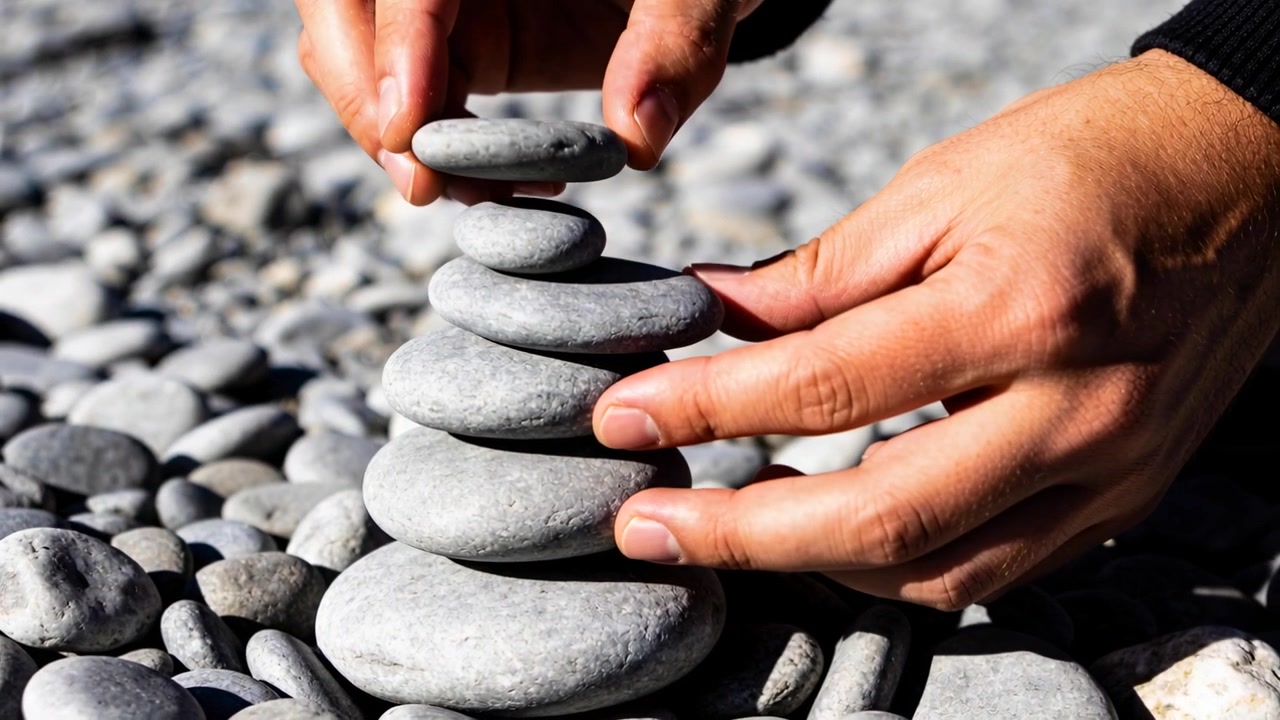 Approaching hands placing grey pebbles on pebble shore, balancing stone tower, wearing dark sleeves