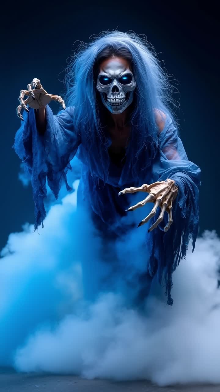 A woman dressed as a skeleton in a blue smokey atmosphere