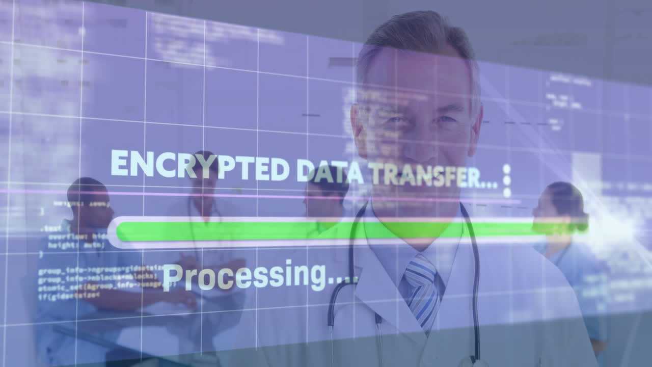 medical team monitoring encrypted data transfer progress bar in lab, with floating code grid
