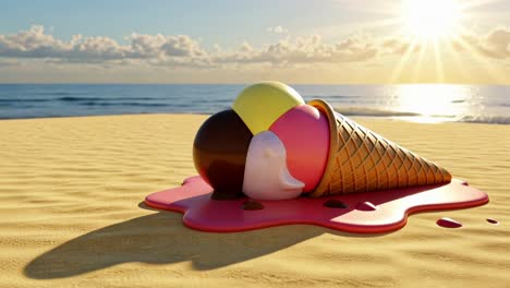 melting ice cream cone on sandy beach during sunset captures summer's fleeting joy and warm memories of seaside fun