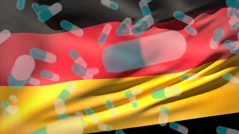 animación de píldoras médicas azules flotando sobre la bandera alemana ondeando