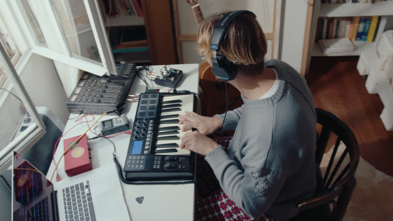 Musician in Headphones Playing Synthesizer at Home Recording Studio